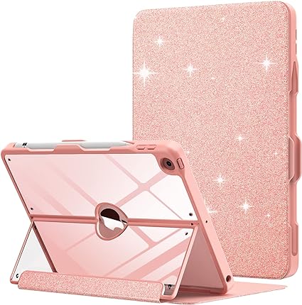 MoKo Case for iPad 9th Generation with Pencil Holder, iPad 8th/7th Gen Case 10.2-inch, Built-in Screen Protector Clear Back, Multi Angle Viewing Stand, Auto Wake/Sleep, Glitter Light Pink