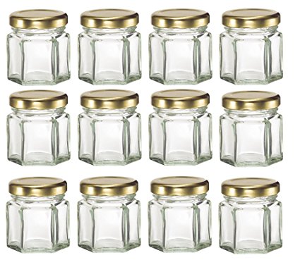 Nakpunar 12 pcs , 1.5 oz Mini Hexagon Glass Jars with Gold Lids