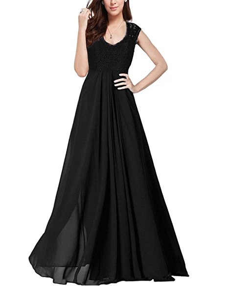 OFTEN Women's Chiffon Bridesmaid Deep-V Neck Sleeveless Vintage Maxi Dress