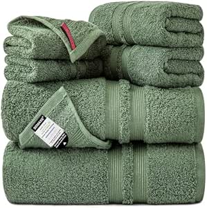 SEMAXE Solid 6-Piece Towel Set, Christmas Green, 600GSM 100% Cotton, 2 Each of Bath Towel, Hand Towel, and Washcloths, Gift Box Packaging, Hanging Loop Design, Nano-Bio Lifecycle Label