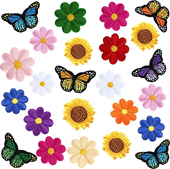 74 Pieces Decoration Sew Patches Set, Including 10 Pieces Butterfly Iron-on Patches, 60 Pieces Flower Embroidered Patch and 4 Sunflower Patch for Clothing, Jackets, Backpacks, Pants