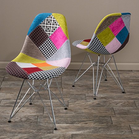 Cassius Eames Style Mid Century Modern Multi-Color Patchwork Fabric Chairs (Set of 2)