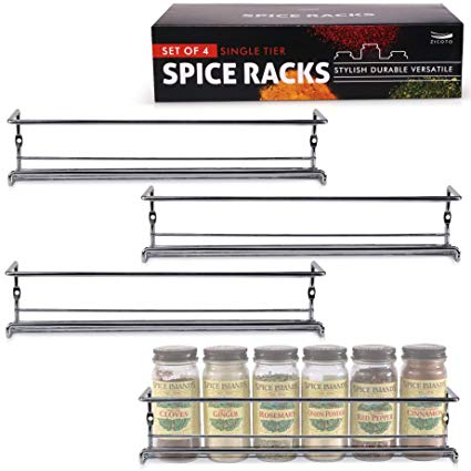 Elegant Spice Rack For Cabinet or Wall Mount - Set of 4 Hanging Chrome Racks - Perfect Organizer For Your Kitchen Cabinet, Cupboard or Pantry Door