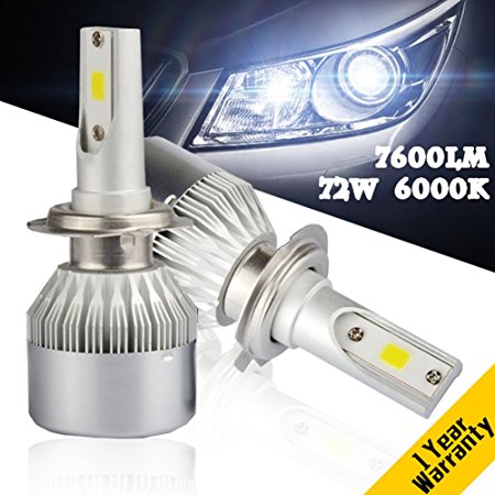 YUMSEEN COB Chip 72W Auto Car H7 LED Headlight Kit Bulbs 7,600Lm 6000K Conversion Kit 12V/24V-Worry-Free Ampper's 1 years warranty. (H7)