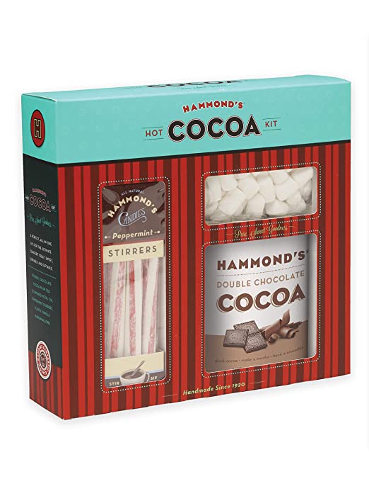 Hammond's Hot Chocolate Kit. 1 Gift Ready Kit Includes 1 Can-Double Chocolate Cocoa, 1 Box Peppermint Stirrers and Mini Marshmallows. Makes Multiple Cups of Instant Hot Chocolate. Made in the USA.