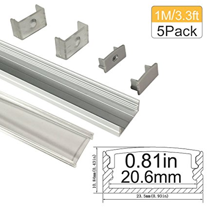 Lightingwill Clear LED Aluminum Channel U Shape 3.3Ft/1M 5 Pack Anodized Sliver Profile for &lt;20mm 5050 3528 LED Flex/Hard Strip Lights with Covers, End Caps, and Mounting Clips TP-U04S5