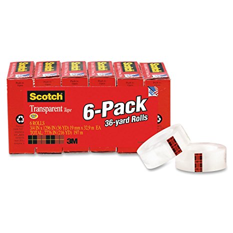 Scotch Transparent Tape, 3/4 x 1296 Inches, 6 Rolls, Boxed (600-6PK)