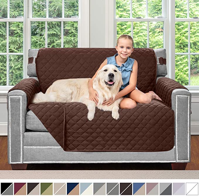 Sofa Shield Original Patent Pending Reversible Chair Protector for Seat Width up to 48 Inch, Furniture Slipcover, 2 Inch Strap, Chairs Slip Cover Throw for Pet Dogs, Cats, Armchair, Chocolate