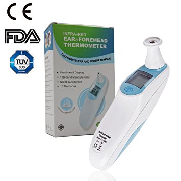 Bedrocker® Infra-red Forehead and Ear Thermometer (Quick & Accurate,10 Memories) with 20pcs Disposable Probe Covers