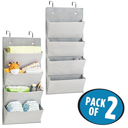 mDesign Chevron Wall Mount/Over Door Fabric Closet Storage Organizer for Toys, Baby/Kids Clothing - Pack of 2, 4 Pockets, Gray/Cream