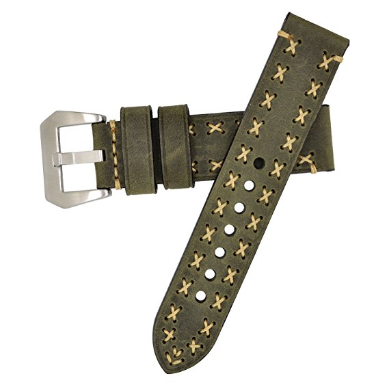 Green 22mm Vintage Genuine Leather Wristwatch Watch Band Vintage Watchband for Men