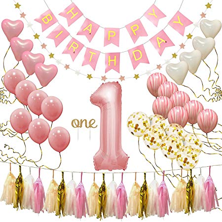 PartyHooman First Birthday Decorations for Girl | 1st Baby Girl# 1 Balloon, Happy Birthday Banner, “One” Cake Topper, Star Garland, Marble Pink, Gold Confetti, Heart Balloons, Paper Tassels