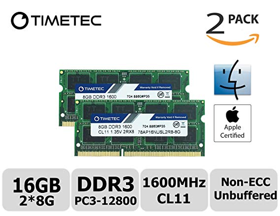 Timetec Hynix IC 16GB Kit (2x8GB) Apple DDR3 1600MHz PC3-12800 SODIMM Memory Upgrade For MacBook Pro 13-inch/15-inch Mid 2012, iMac 21.5-inch Late 2012/Early 2013,27-inch Late 2012/ 2013,Retina 5K display Late 2014/Mid 2015,Mac mini Late 2012/ Server (16GB Kit (2x8GB))