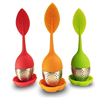 FOME Tea Infuser Leaf Strainer Handle with Steel Ball Silicone Leaf Lid (3 PCS, Green&Red&Orange)   FOME GIFT