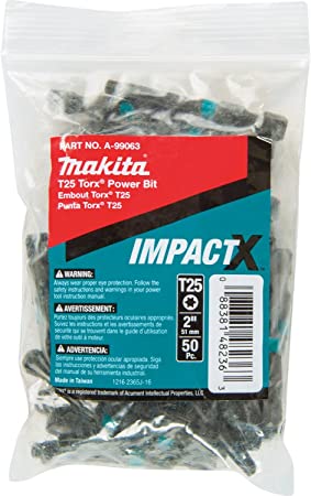 Makita A-99063 Impactx T25 Torx 2″ Power Bit, 50 Pack, Bulk