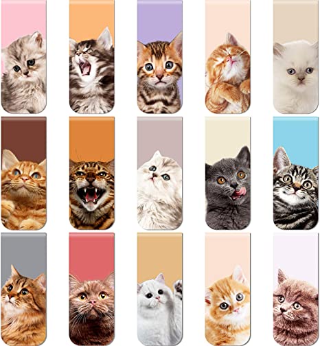 30 Pieces Cats Magnetic Bookmarks Cute Cats Magnetic Page Markers Pets Magnetic Page Clips Bookmark for Students Teachers School Home Office Reading Stationery, 15 Designs