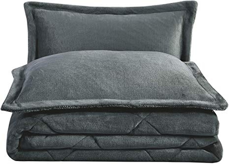 Chezmoi Collection 3-Piece Super Soft Micromink Sherpa Solid Reversible Down Alternative Comforter Set (Queen, Gray)