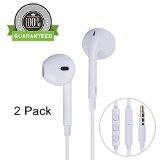 Amoner 2 Pack Premium EarphonesEarbudsHeadphones with Stereo Mic and Remote Control for iPhone 6SiPhone 6 iPhone 6 PlusiPhone 5s 5c 5 iPad iPod and moreWhite