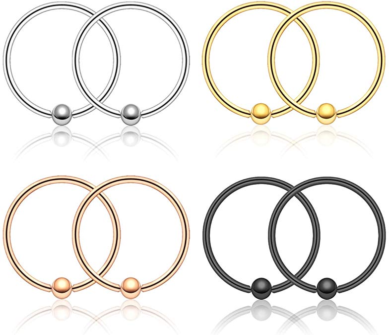 PiercingJ 2-8pcs Stainless Steel 22G Nose Rings Hoop Nose Studs Cartilage Tragus Daith Septum Ear Helix Eyebrow Lip Captive Bead Ring Body Piercing Jewelry 8mm 10mm 12mm