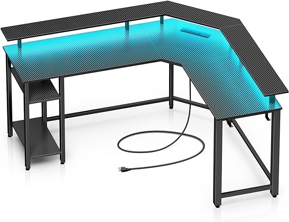 Rolanstar Computer Desk 55.1" with Power Outlets USB Ports & LED Strip,Reversible L Shaped Desk with Monitor Stand & Storage Shelf,L Shaped Gaming Desk with Hooks,Home Office Desk,Carbon Fiber