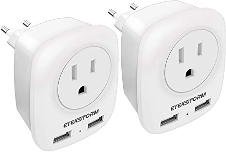 EtekStorm 2 Pack European Plug Adapter International Power Adaptor with 2 USB Ports 2 American Outlets- 4 in 1 european travel plug adapter for German,France, Spain,Greece,Italy,Israel (2 Pack)