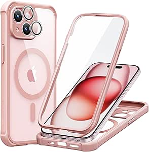 ESR Magnetic for iPhone 15 Case [Compatible with MagSafe] Full-Body Military-Grade Drop Proof Phone Case for iPhone 15 with Built-in 9H  Tempered Glass Screen Protector, Clear Pink