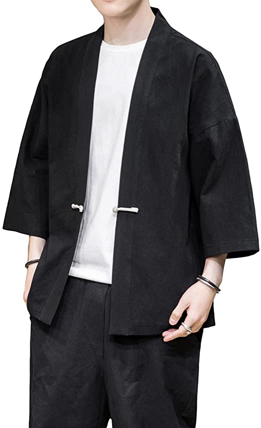 PRIJOUHE Men's Kimono Jackets Cardigan Casual Cotton Blends Linen Seven Sleeve Open Front Embroidery Coat