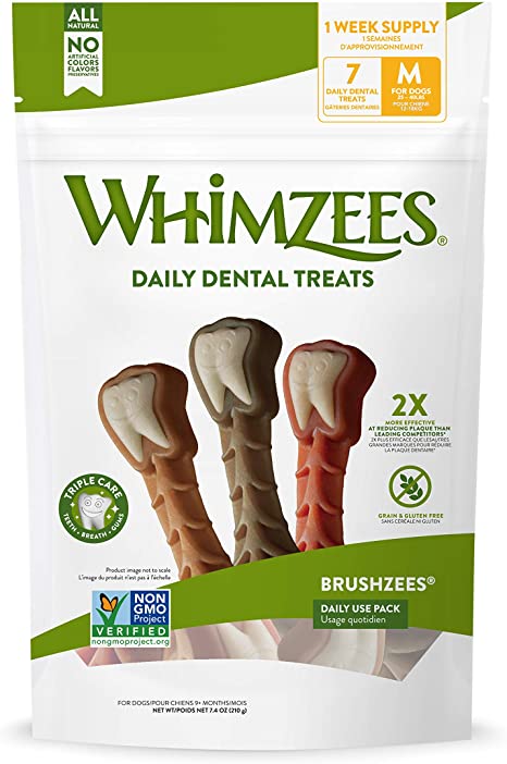 Whimzees Natural Grain Free Long Lasting Dental Dog Treats, Daily Use Packs, Medium Brushzees Bag of 7