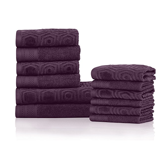 Superior’s 100% Cotton 500 GSM, Plush, Absorbent, High Quality and Durable Honeycomb Jacquard and Solid 12-piece Towel Set- Blackberry Wine