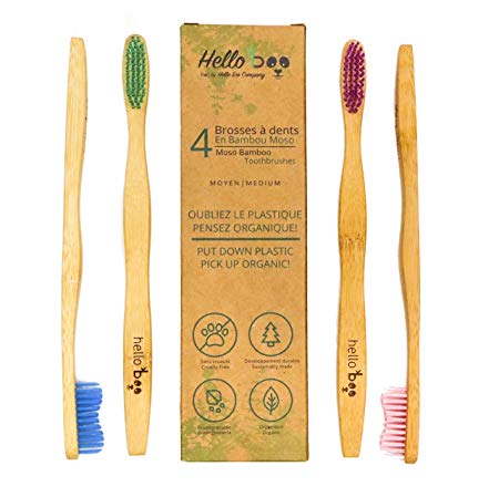 Bamboo Toothbrush for Adults 4-Pack Biodegradable Tooth Brush Set - Organic Eco-Friendly Moso wooden Bamboo with Ergonomic Handles & Soft BPA Free Nylon Bristles | By HELLO BOO