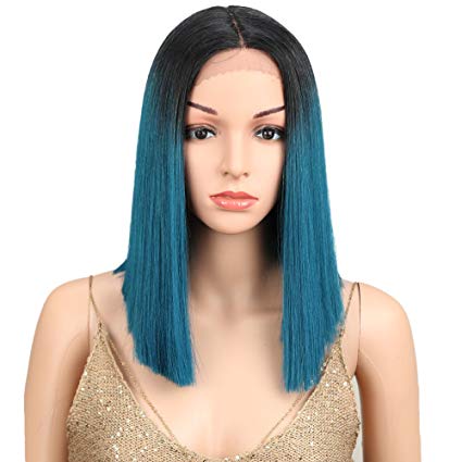 Joedir Lace Front Wigs for Black women Heat Resistant Synthetic Fiber Yaki Straight Bob Wigs Ombre Blue 130% Density wigs