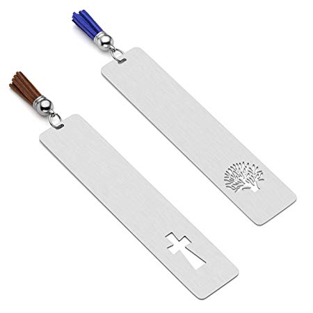 JOVIVI Metal Bookmarks with Tassels, Brushed Exquisite Stainless Steel Rectangle Dog Tag Hollow Tree of Life/Cross for Book Lover Kids Office School Reading, 2 Pack