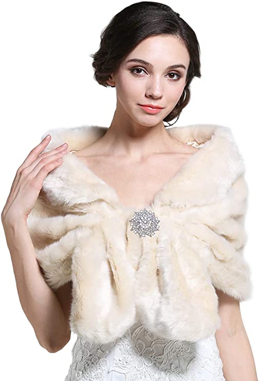 Unicra Wedding Fur Wraps and Shawls Faux Fox Fur Stoles Winter Cover Up with Rhinestones Brooch for Women and Girls
