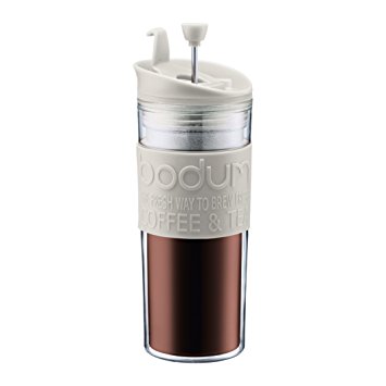 Bodum Insulated Plastic Travel French Press Coffee and Tea Mug, 0.45-Liter, 15-Ounce, White