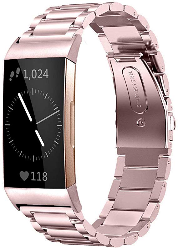 Shangpule Compatible for Fitbit Charge 3 and Charge 3 SE Bands, Stainless Steel Metal Replacement Strap Bracelet Wrist Band Accessories for Charge 3 Smart Watch Women Man Large Small (Rose Pink)