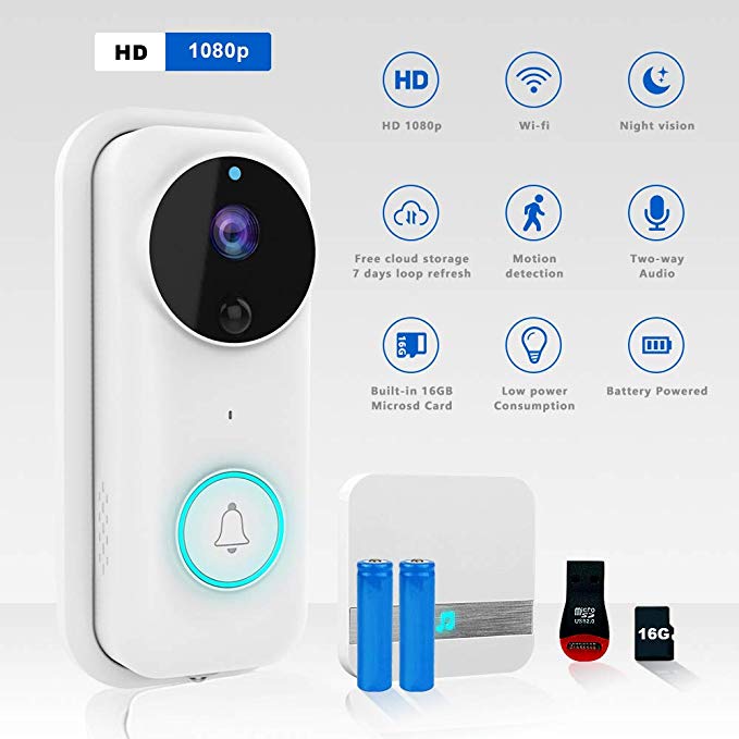 Wireless Video Doorbell Camera, 1080P HD WiFi Smart Home Security Doorbell with Ring Chime, PIR Motion Detection, Night Vision, Real-Time Notification, with 16GB SD Card, Card Reader, Battery