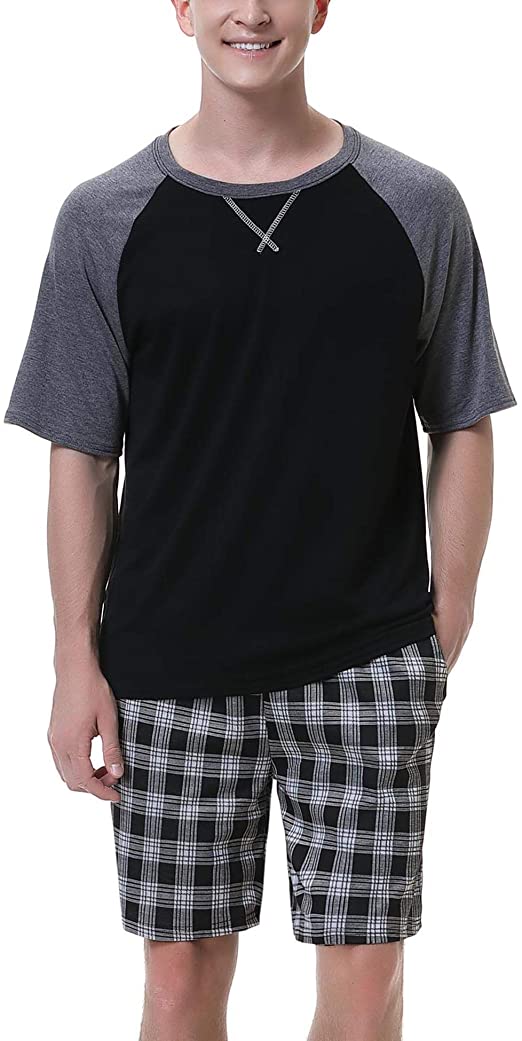 Hawiton Men's 100% Cotton Pajamas Set Short Sleeve Crew Neck Lounge Sleepwear
