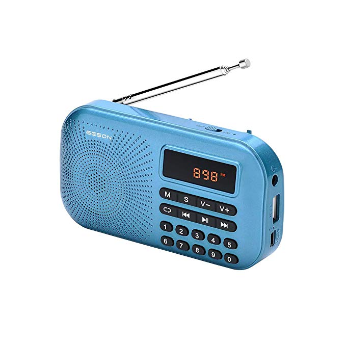 GESON RM-155Pro AM FM Radio Portable Mini USB Speaker MP3 Music Player SupportMicro SD/TF Auto Scan Save LED Display USB Transmit Data and Sound Card Function, Rechargeable BL-5C Battery (Blue)