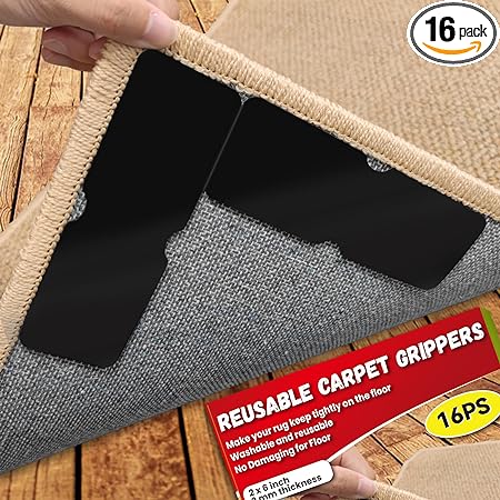 Rug Carpet Non Slip Grippers for Floors, Reusable and Washable Double Sided Carpet Tape Pads Removable, Strong Adhesive Grippers for Area Rugs, Keep Corners Flat, No Damaging for Floor, 16Pcs