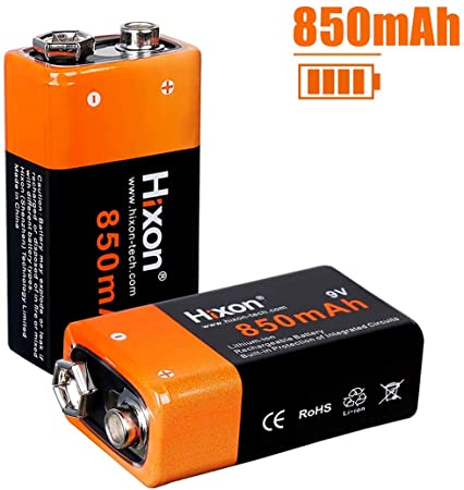 Hixon 9V Rechargeable Battery Li-ion 850mAh for Smoke Detector Multimeter Alarm System(2 Pack)