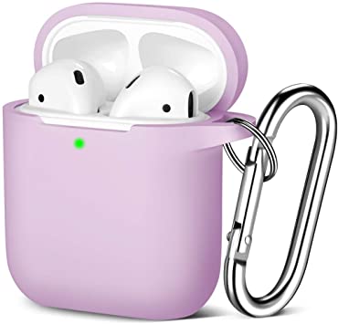 Maledan Silicone Cover Compatible with Airpods Case 2 & 1, Full Protective Skin Cover, Waterproof [Front LED Visible] Support Wireless Charging with Carabiner, Lavender