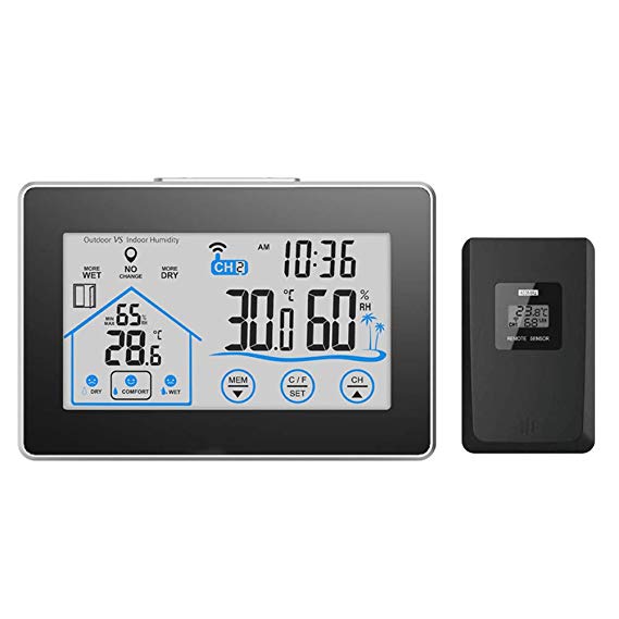 EXTSUD Weather Station Indoor Outdoor, with Wireless Outdoor Sensor Touch Screen, Temperature Thermometer with Time Date Display Function, Humidity, Wind speed (Black)