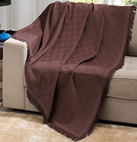Brown Brazilian Cotton London Throw Blanket With Fringe 63x87 Inches