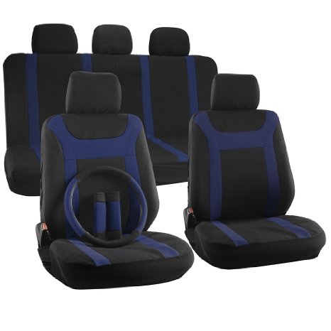 OxGord 17-Piece Y Stripe Seat Cover Set - Polyester Fabric (Blue/Black)