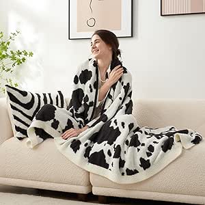 Snuggle Sac Cow Pattern Throw Blanket for Couch - Ultra Soft Microfiber Blanket, Plush Warm Reversible Blanket, Cow Jacquard Knitted Throw for Sofa & Bed, Black Cow, 50x60 inches