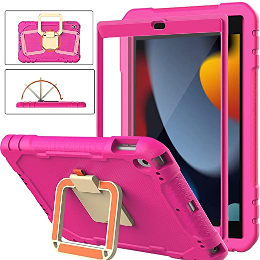 BMOUO iPad 9th/8th/7th Generation Case for Kids,iPad 10.2 Case,Built-in Screen Protector,[360° Rotating Handle Stand] Shockproof Case for New iPad 10.2” 2021/2020/2019 (9th Gen/8th Gen/7th Gen),Rose
