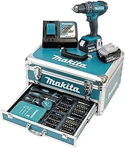 Makita DHP482RFX9 - Trapano avvitatore a percussione 18 V/3,0 Ah, 2 batterie e caricatore in valigetta di alluminio, petrolio, 96 pezzi