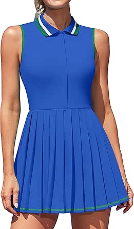 ATTRACO Women Tennis Dresses Ribbed Polo Golf Dress Half Zip Pleated Workout Dress with Built in Shorts and Bra