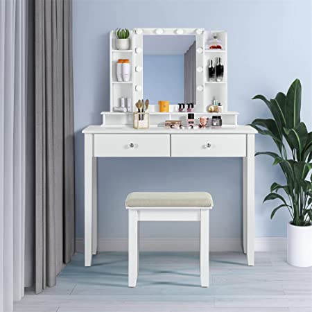 Vanity Desk with Lighted Mirror, Makeup Vanity Table Set with 10 LED Lights, Open Shelves, 3 Color Lighting Modes Adjustable Brightness, Writing Desk with Cushioned Stool&2 Drawers for Bedroom, White