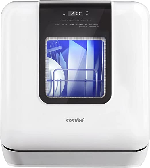 COMFEE' Countertop Dishwasher, Portable Dishwasher with 6L Built-in Water Tank, Mini Dishwasher with More Space Inside, 7 Programs, UV Hygiene& Auto Door Open, for Apartments, Dorms& RVs